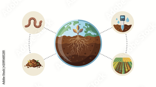 Quadro su tela Soil cross section displays plant roots with agricultural icons representing earthworm activity and nutrient monitoring methods