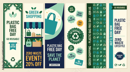 Plastic Bag Free Day banner set, zero waste lifestyle marketing templates, green shopping and eco friendly event vertical web headers