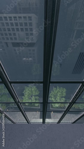 Vertical Rainy City View Through Single Window Pane Moody CGI Video.  Smartphone portrait perspective of a blurry urban street seen from a cozy room.
