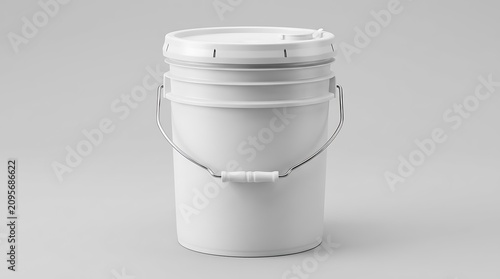 A single empty white plastic bucket with a metal handle for construction or industrial painting work. 5 gallon pail oil