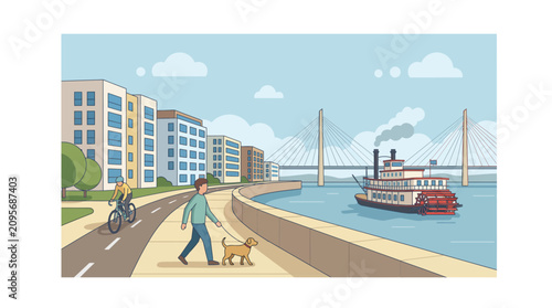 Schilderij op canvas People walk their dog along a city riverfront while a large passenger boat cruises past the urban bridge