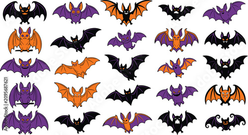Halloween flying bats vector set with spooky purple orange bat clip art