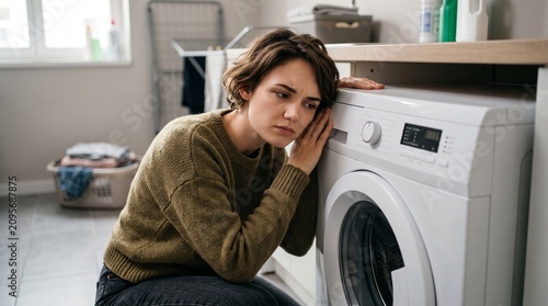 Woman leaning on washing machine. Female doing laundry with a tired expression