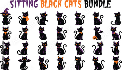 Sitting black cats bundle vector set with spooky Halloween elements