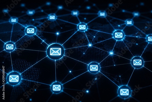 Email icons connecting across digital network grid