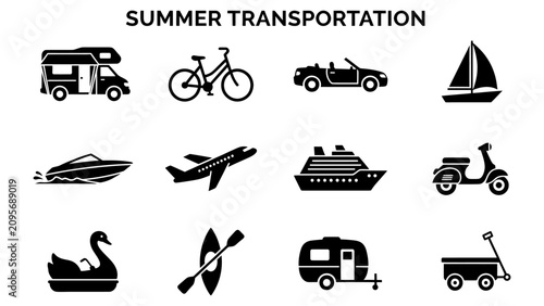 Summer Transportation Icons Set with Bus Bicycle Car Boat Airplane Cruise Ship and Scooter