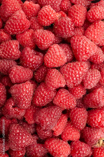 Fresh red raspberries piled together, showcasing their vibrant color and texture, with a focus on the natural surface details and freshness of the fruit