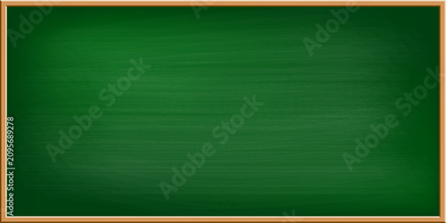 Classroom chalkboard with wooden frame and natural chalk smudges. Empty green board isolated for school and teaching projects.