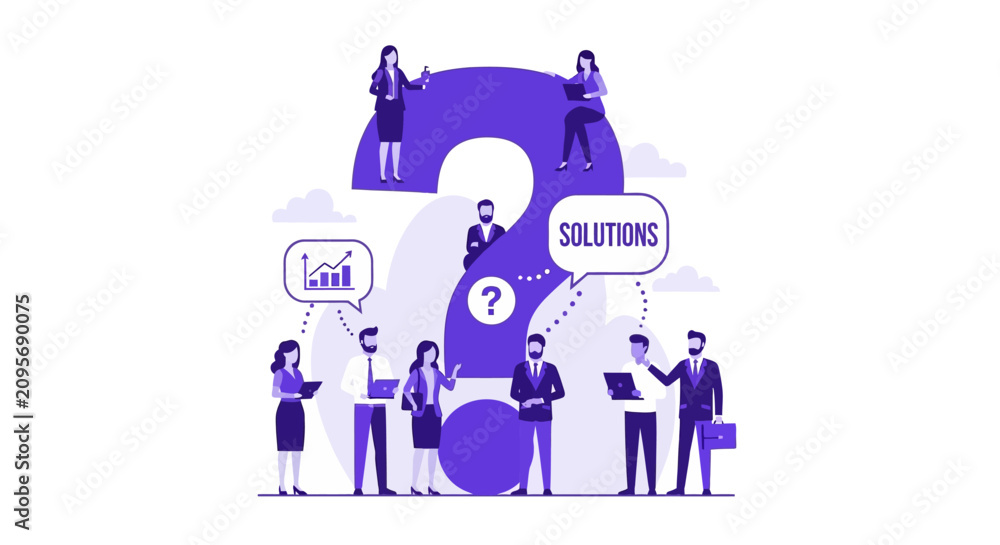 Fototapeta premium Business Team Brainstorming for Solutions and Problem Solving around Giant Question Mark Illustration