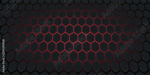 Abstract dark hexagon pattern on red neon background tech style.