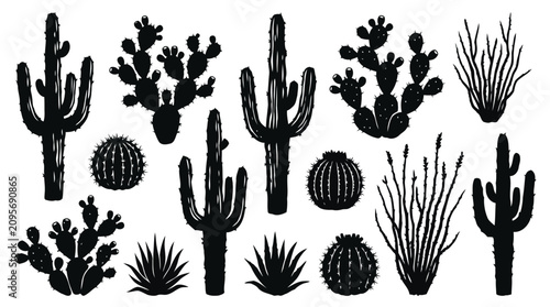 Tableau sur toile Black cactus silhouettes on white background