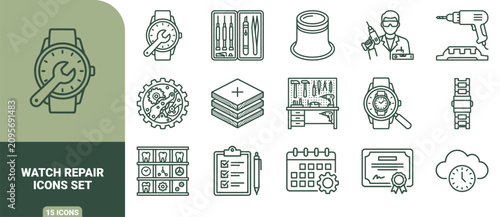 Quadro su tela Watch repair icon set featuring outline of horology tools, gears, workbenches, m