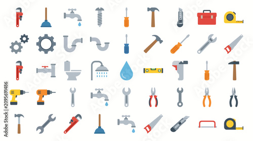 Schilderij op canvas Construction equipment icons feature a detailed assortment of building supplies and repair instruments organized for clear identification