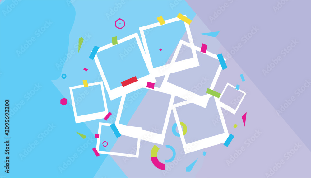 Naklejka premium Collection of scattered empty instant photo frames over a vibrant blue and purple diagonal geometric background.