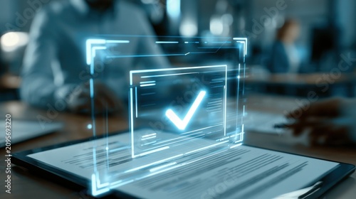 Digital checkmark on contract in office