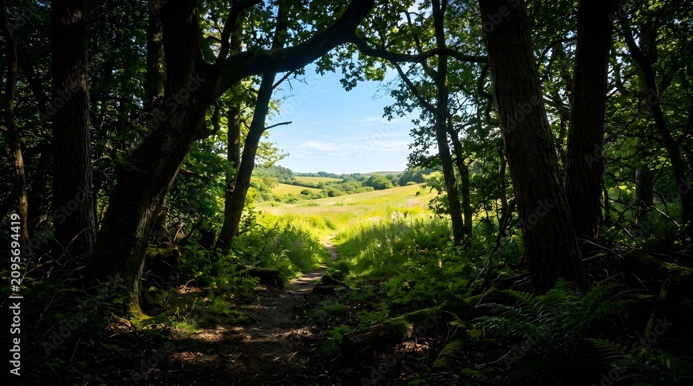 Fototapeta premium Sunlit meadow seen through a dark forest clearing