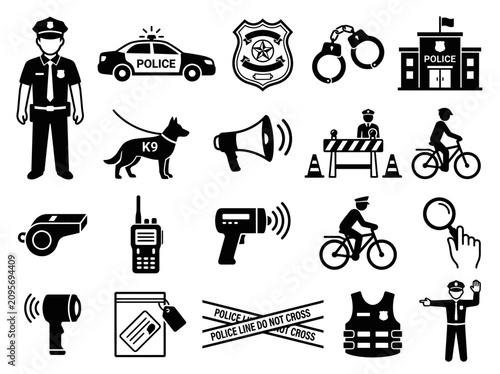 Police Icons Set: Officer, Car, K9 Dog, Handcuffs, Siren, Badge, Vest