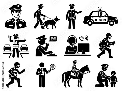 Police Officers and Services Icon Set: Law Enforcement, Security, and Public Safety
