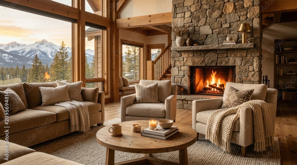 Obraz premium Cozy mountain lodge living room with roaring fireplace and scenic mountain view