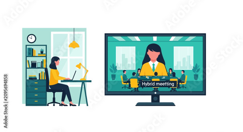 Hybrid Meeting Vector Illustration Showing Remote Worker at Home and Office Team via Video Conference Call