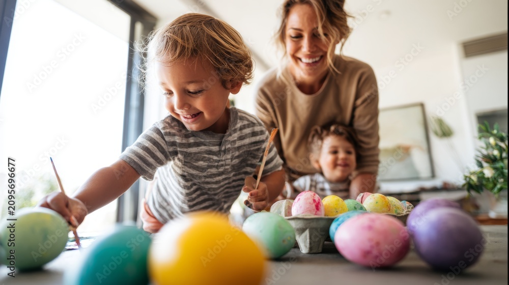Obraz premium Heartwarming family time painting easter eggs with love. Real feeling. Children enjoying a fun easter egg painting session with mom. Genuine view. Real life.