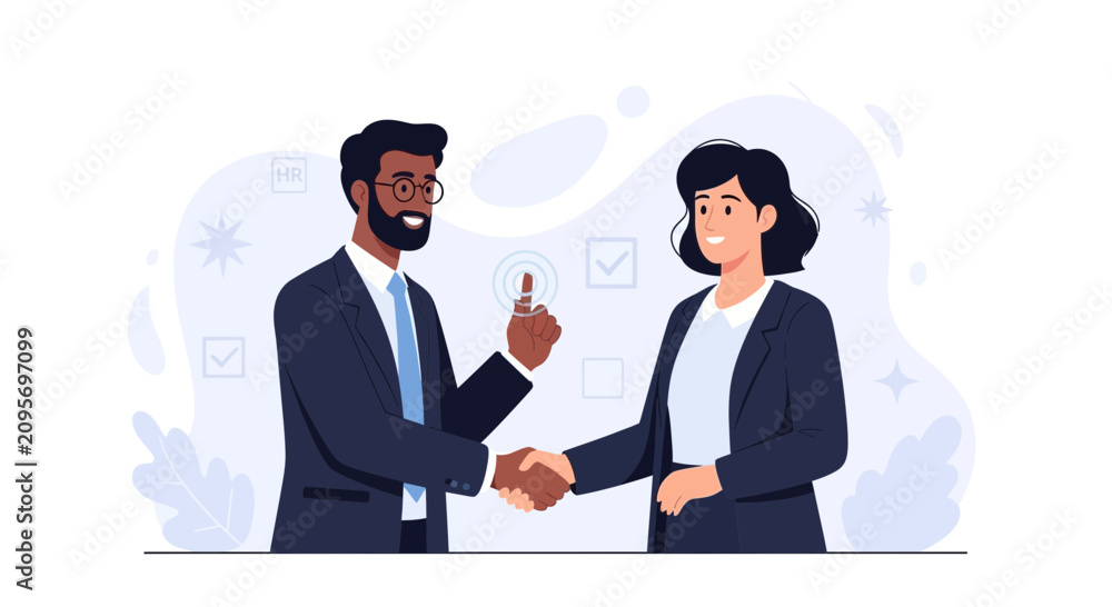 Fototapeta premium Diverse business professionals shaking hands, symbolizing partnership, agreement, and HR recruitment with abstract background elements.