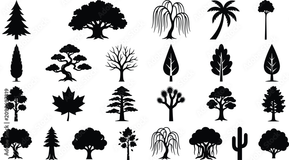 Fototapeta premium Mixed Tree Silhouette Collection Featuring Evergreen Deciduous Tropical Desert and Ornamental Trees for Nature Landscape Garden Black Vector Illustration Set