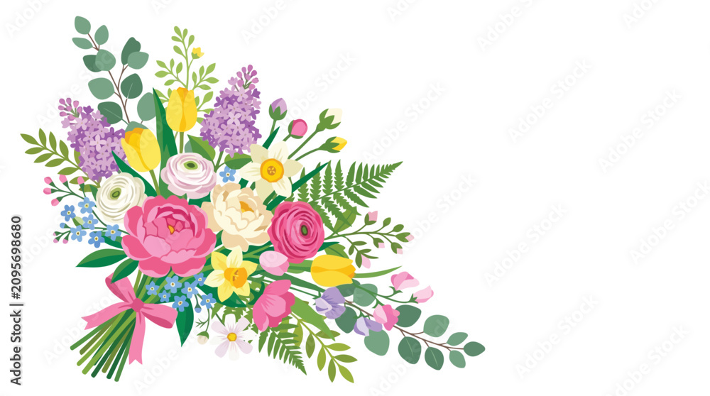 Fototapeta premium Colorful bouquet flowers with pink ribbon