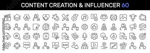 Content Creation & Influencer thin line icon set. Editing, Blogger, Marketing, Creator, Social Media, Production concept. Black outline vector icons collection.