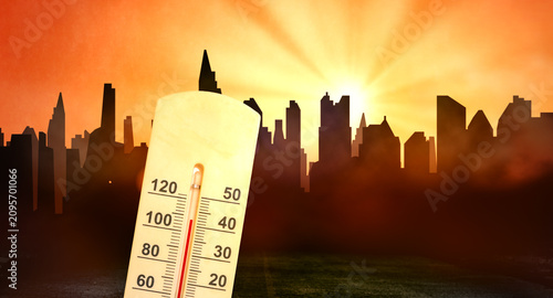 Extreme Heat Wave Over City Skyline with Thermometer and Blazing Sun