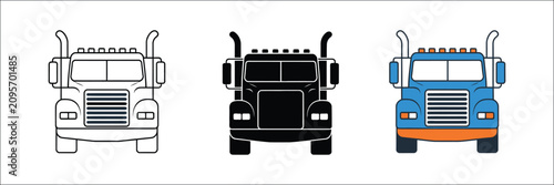 Semi truck front view icon set with heavy duty trailer, flat color, outline, and silhouette styles for logistics, cargo transport, and freight delivery, vector, designs