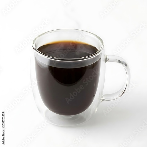 Clear glass cup filled with hot dark black coffee. double walled mug