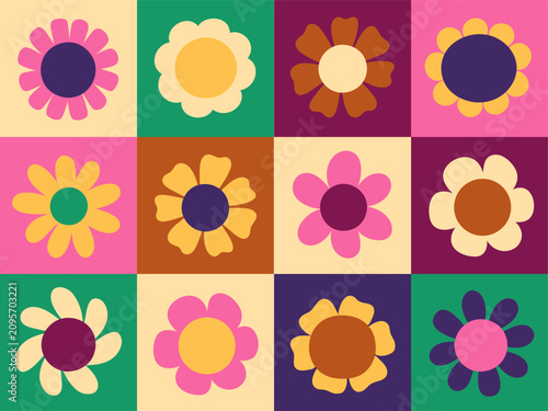 Daisy flowers pattern, grid. Groovy retro style floral blooms, blossom heads ...
