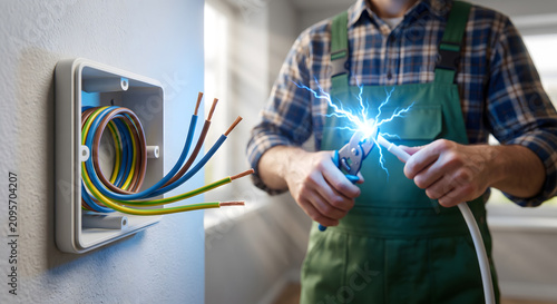 Electrician working with electrical wires and tools inside building renovation project closeup shot.