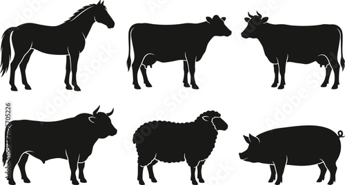 Tableau sur toile Farm Animal Black Silhouette Vector Set Featuring Horse, Cow, Bull, Sheep, and P