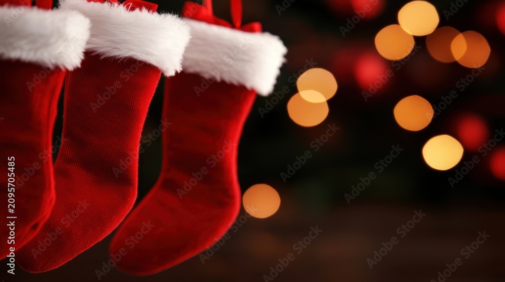 Fototapeta premium Three red Christmas stockings with fluffy white cuffs hang against a backdrop of softly blurred warm holiday lights.