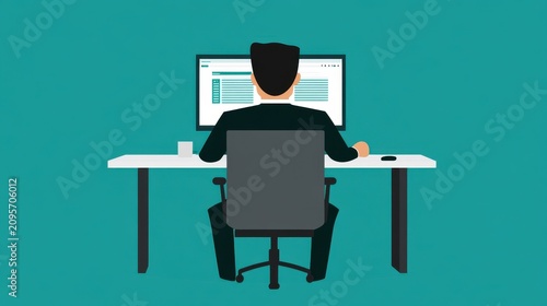 A person sits at a desk with a large computer screen displaying text, accompanied by a mug and mouse, against a solid teal background.