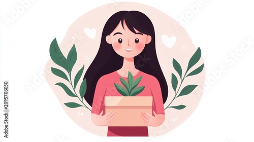 A smiling woman with long black hair holds a box with a green plant, surrounded by leafy branches and heart shapes against a soft pink background.
