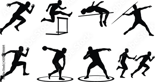 Schilderij op canvas Track and Field Athlete Silhouette Collection with Sprint, Hurdles, High Jump, J