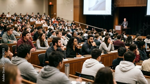 University students listening to a lecture in a large hall