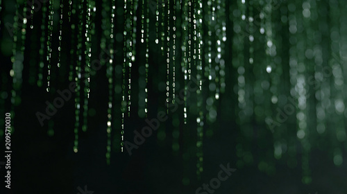 Cascading binary code numbers in faint illuminated streams descending across a deep dark background, cybersecurity concept ideal for data protection editorial, fintech branding,