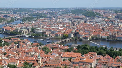 City of Prague in Czechia (Czech Republic). Zoom out view cityscape from the Charles Bridge on Vltava River with Old Town, Lesser Town (Mala Strana) and Castle District (Hradcany).