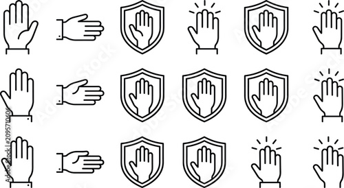 Human Hand Gestures and Security Line Icon Set Featuring Stop Palms, Open Hands, Shield Protection Badges, and Waving Alert Communication Symbols