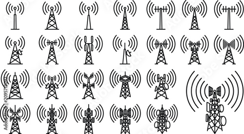 Antenna tower line icons set featuring telecommunication masts radio waves cellular signals wireless broadcasting networks and transmitter poles vector illustration