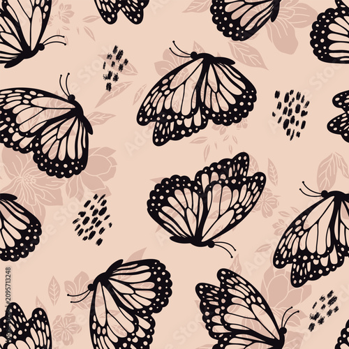 Black Outlines Butterflies Vector Seamless Pattern