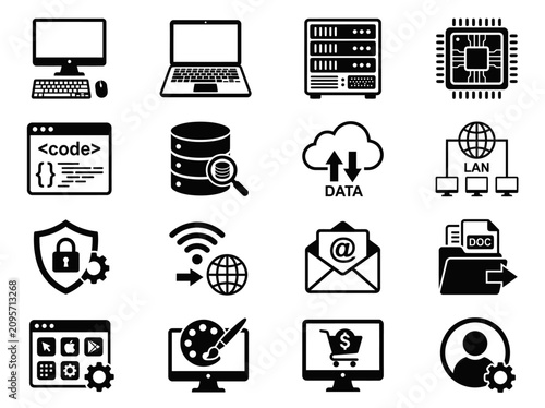 Technology Icons Set: Computer, Laptop, Server, Chip, Code, Data, Network