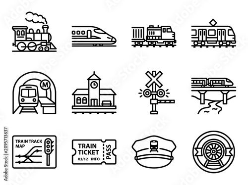 Train Icons Set: Vintage Locomotive, Modern Bullet Train, Freight, Metro, Station, Ticket