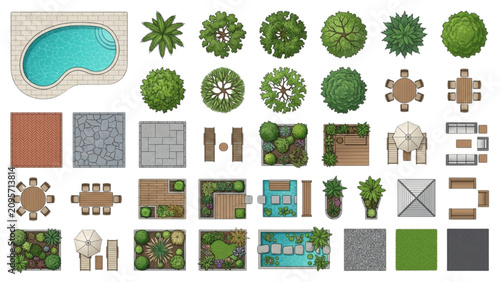 Top View Architectural Patio Elements and Swimming Pools Vector Set