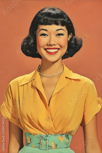 Happy Asian woman in a yellow blouse with a retro 60s bob hairstyle, smiling warmly