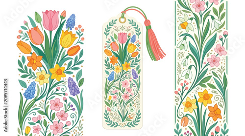 Quadro su tela Floral bookmark designs with colorful tulips and tassel